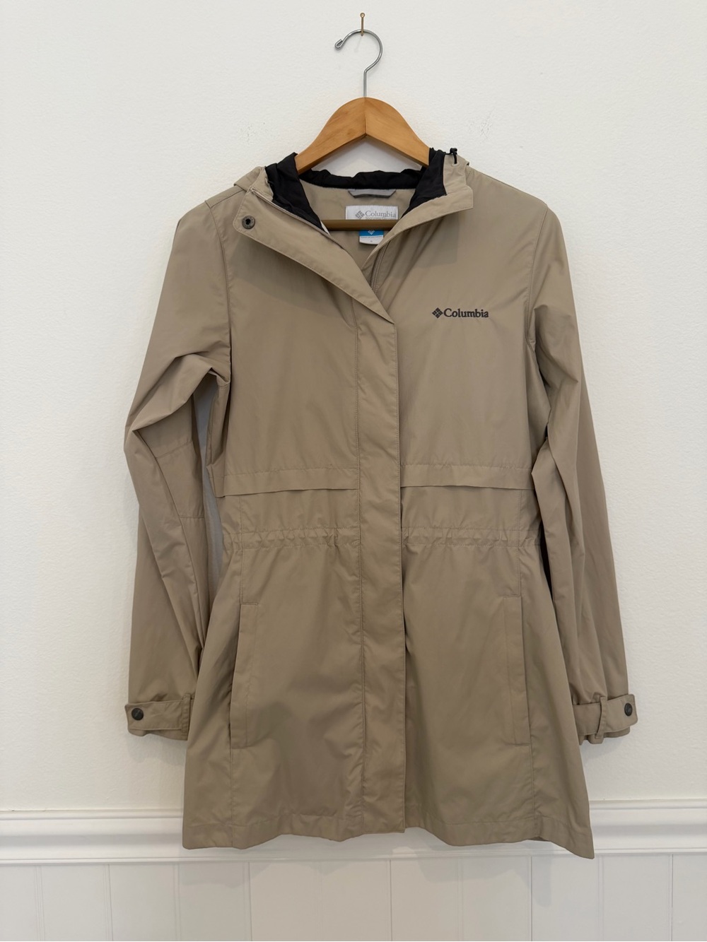 Columbia Hooded Rain Jacket Khaki Beige Long Coat - Small